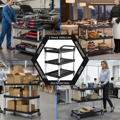 Utility Cart with Tangle-Free Wheels, 3 Tier Rolling Cart with Wheels(2 with Brakes), Heavy Duty 350 Lbs Capacity,Commercial Serving Cart for Home, Office, Restaurant, Warehouse.34 L x 17" W x 38" H