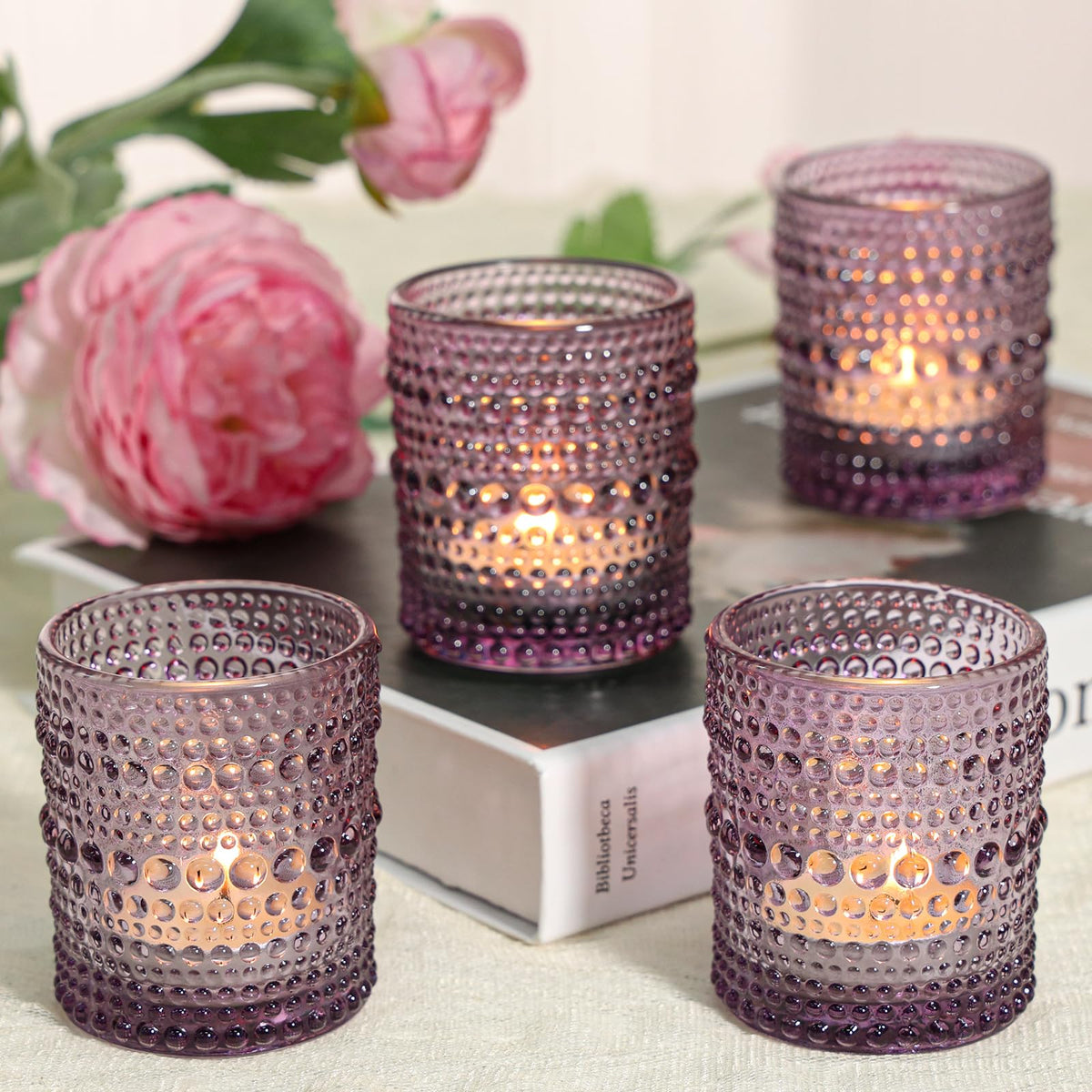 SUPMIND 24 Pcs Votive Candle Holders, Glass Holders Bulk for Table Centerpiece, Tea Lights Candle Holders for Wedding Shower, Party and Home Decor Purple