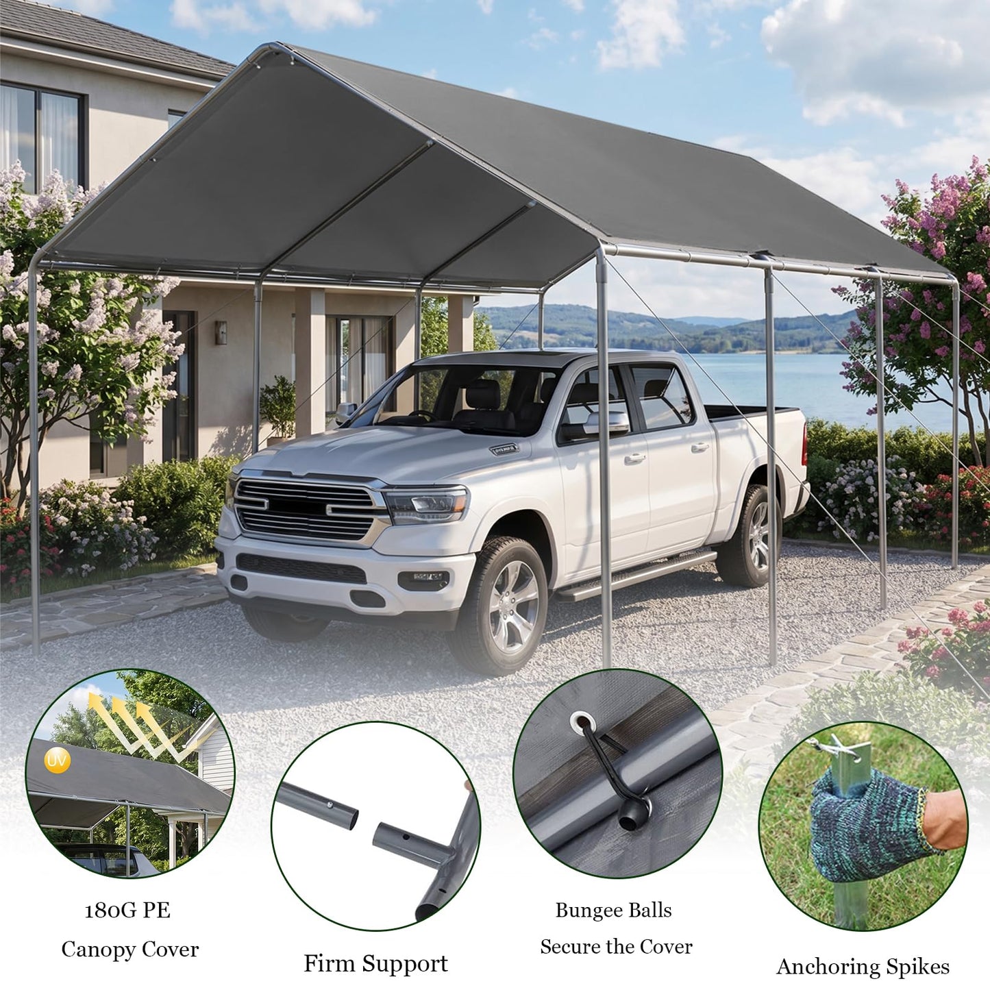 Carport, 12x20 Heavy Duty Portable Garage, Car Port with Storage Shed, Car Canopy Car Tent with Steel Frame All-Season Tarp for Car, Truck, Boat, Party (Grey, 12x20ft)