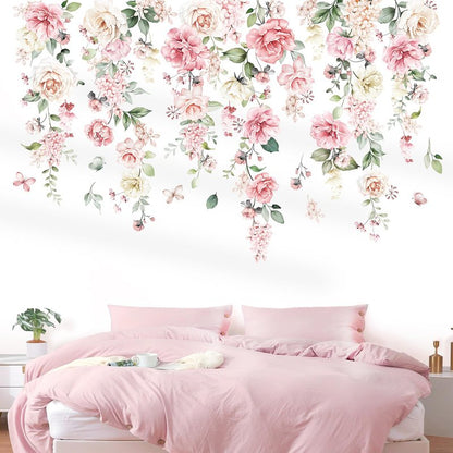 wondever Large Pink Flowers Wall Stickers Hanging Vine Floral Leaves Peel and Stick Wall Art Decals for Baby Nursery Girls Bedroom Living Room