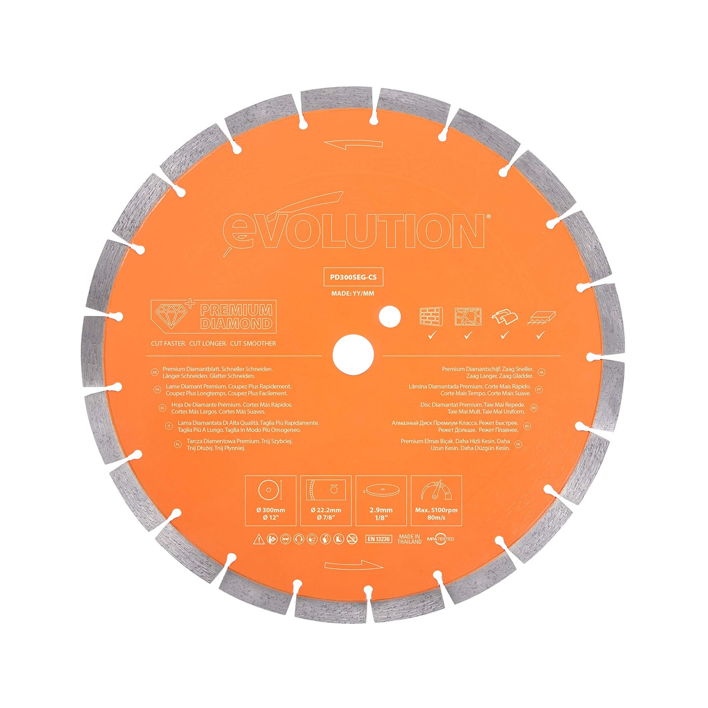 Evolution - 12 in Concrete Saw - 15A Motor, No Gas - 4-1/2 in Cut - Incl Premium Diamond Blade & 12 Inch Premium Diamond Blade With Segmented Edge and High Diamond Concentration, 1 In Bore