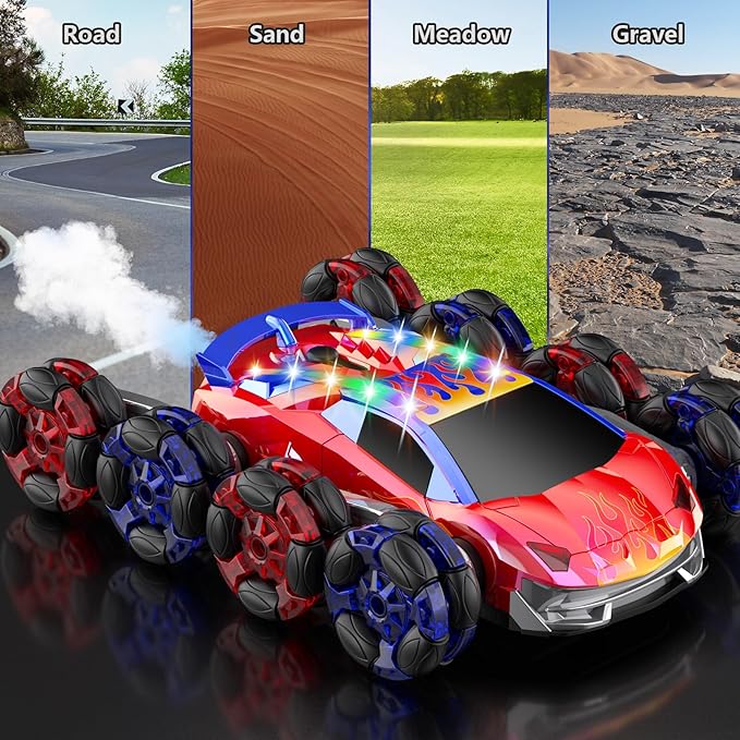 8WD Remote Control Car2.4GHz Gesture Sensing RC Stunt CarCool Spray Rotation RC Car with Lights and MusicAll Terrain Toys for Kids Ages 7 Birthday Gifts for Boys Girls(Red)