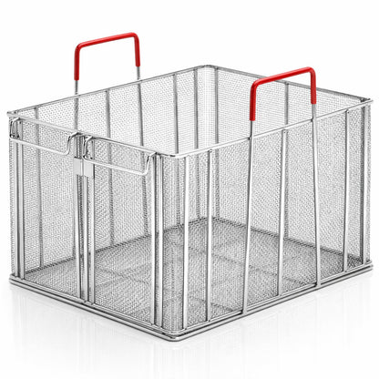 Sawysine Stainless Steel Pasta Basket, 16 Inch Large Rectangle Pasta Boil & Strainer Basket for Kitchen, Commercial Collander with Insulated Red Handle and Drain Hook