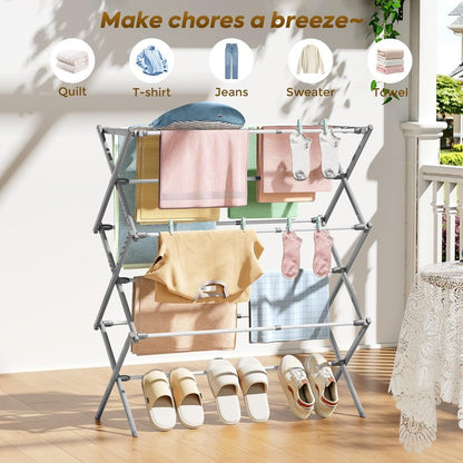 KINGBOARD Clothes Drying Rack, Collapsible Drying Rack Clothing with 11 Poles, 3-Tier Laundry Drying Rack, Small Clothes Drying Rack Foldable for Baby Clothes, 25lb Capacity, White & Grey