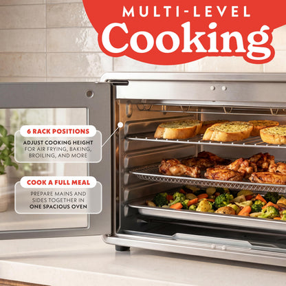 Gourmia French Door Air Fryer Oven - 37 Qt Large Capacity Convection Toaster Oven, FryForce 360°, Digital Display, 12 Cooking Presets, Dehydrate, Fits 13” Pizza, Dishwasher-Safe, Stainless Steel