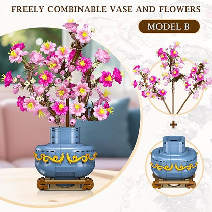 HOGOKIDS Flowers Cherry-Blossom Bonsai Building Set - 2 in 1 Artificial Bonsai Tree Plants for Home Decor &amp Display Cherry Botanical Building Blocks Birthday Easter Gift for Adults Teens (775PCS)