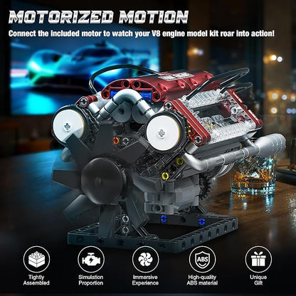 Tuajixz V8 Engine Building Blocks Sets V8 Engine Model Kit That Runs – Motorized with Moving Pistons Crankshaft &amp Rotating Fan Realistic Engine Simulation for Car Enthusiasts 588Pcs