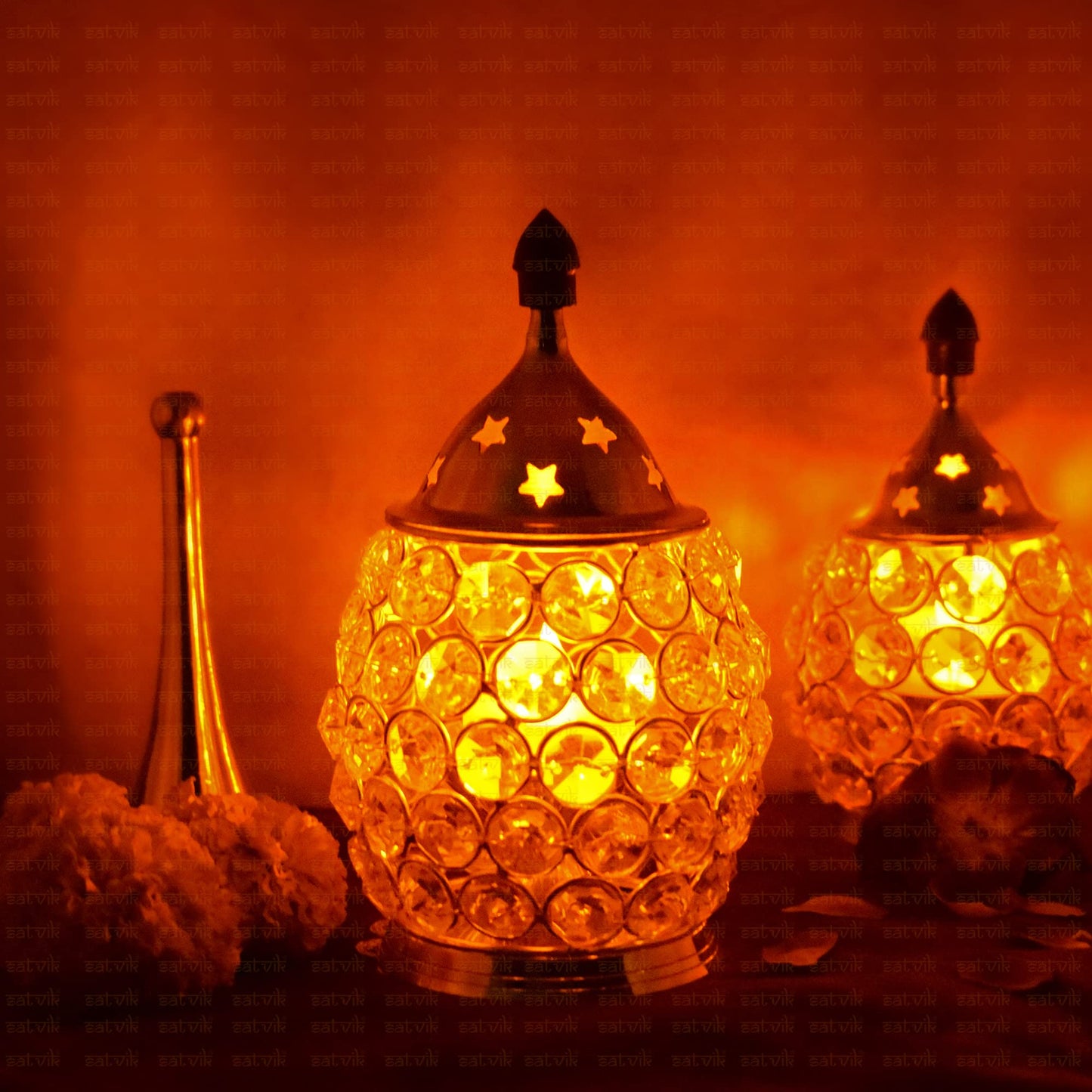 Satvik 5 Inch Akhand Chimney Diya Diwali Gift/Diwali Deepawali Decoration Brass Decorative Crystal Oil Lamp Tea Light Holder Lantern Oval Shape | Puja Lamp Indian Housewarming Gift Items