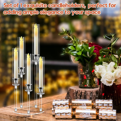 4 Set 5 Arm Acrylic Candle Holder with Candles, Mjkeomo 22.8'' Tall Table Candelabra Centerpiece, Lightweight Candelabra with Lampshades for Fireplace Mantel, Wedding, Housewarming Gift
