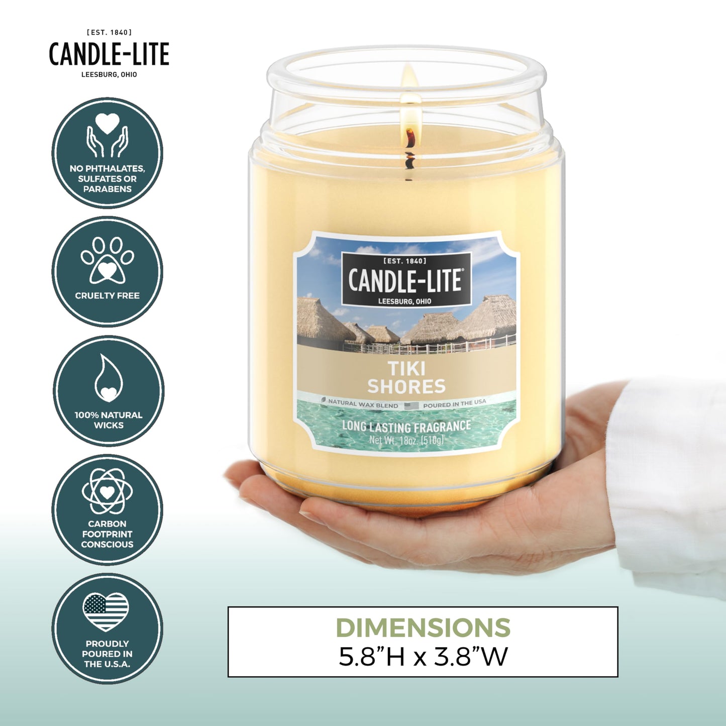 Candle-lite Scented Candles, Tiki Shores, 18 oz Jar, Proudly Poured in The USA, Aromatherapy Candle, Single-Wick with 110 Hours of Burn Time, Perfect for Creating a Refreshing Ambiance