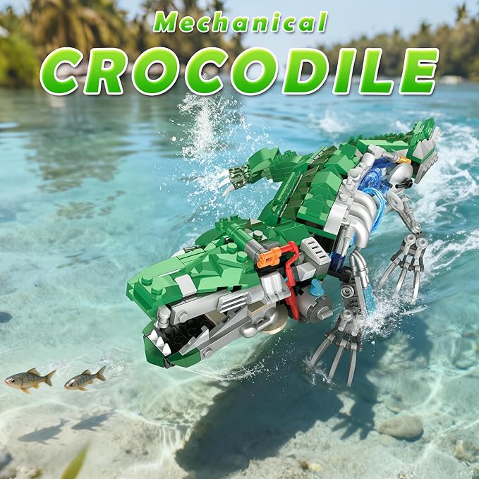 Kinetic Mechanical Crocodile Building Kit - Light-Up Interactive Animal Model with Hand-Crank Moving Jaw Claws &amp Tail - STEM Construction Toy for Kids &amp Adults