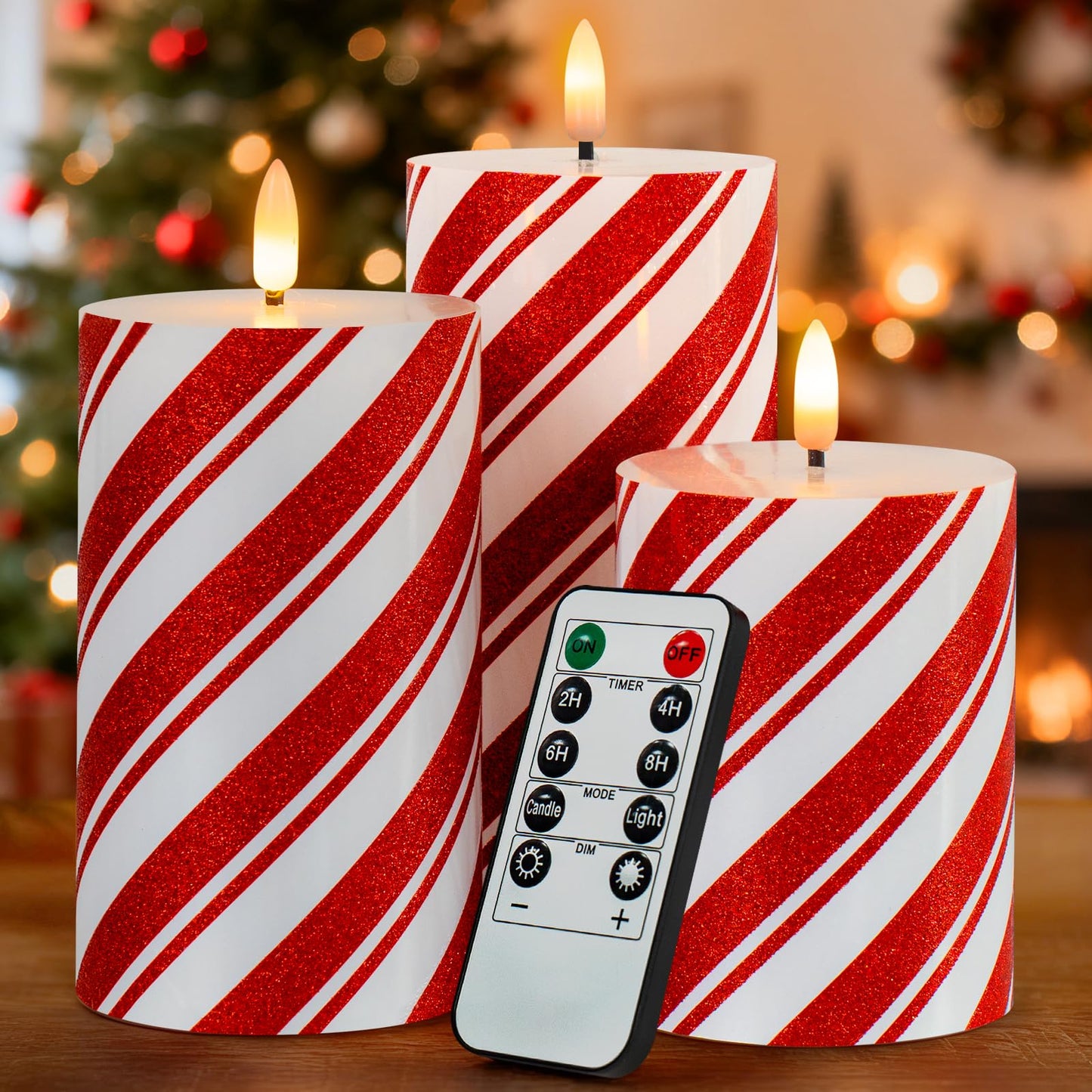 Lumeavetra Glitter Red Stripe LED Flameless Candles, Battery Operated Pillar Lights with Remote Timer, Real Wax Electric Candles for Holiday Home Christmas Party Decor, Set of 3