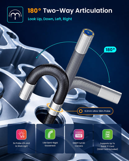 ROVE RS2 Two-Way Articulating Borescope Camera with Light, 1080P Industrial Endoscope Inspection Camera with 180° Articulated Slim 6.2mm Probe, 4.3” IPS Screen, for Wall Automotive, Mechanics, and DIY