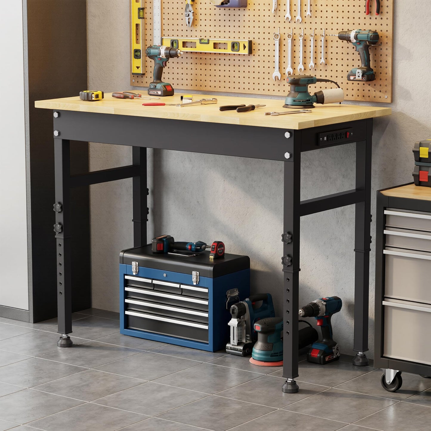 47" Height Adjustable Workbench, 2000 LBS Load Capacity Workstation Desk, Rubber Wood Top Workstation with Power Outlet, Heavy-Duty Hardwood Worktable for Workshop, Garage