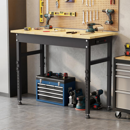 47" Height Adjustable Workbench, 2000 LBS Load Capacity Workstation Desk, Rubber Wood Top Workstation with Power Outlet, Heavy-Duty Hardwood Worktable for Workshop, Garage
