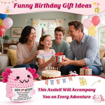 WEYON 9 Year Old Girl Birthday Gift Ideas, Mini Crochet Axolotl Plush for 9th Birthday Gift for Girls, 9th Pink Decorations, 9 YO Presents Axolotl Toy