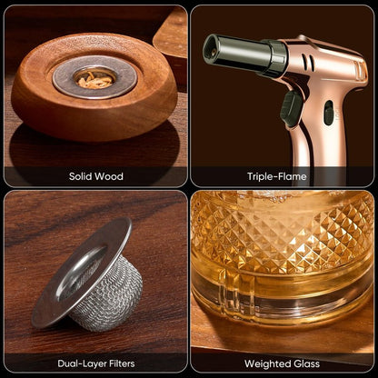 VYRONALEN Whiskey Smoker Kit with Torch, 6 Wood Chip Flavors, 2 Heavy Whiskey Glasses, 2 Ice Ball Molds, Cocktail Smoker Kit for Old Fashioned, Bourbon & Drinks, Gift Set for Men, Father (No Butane)