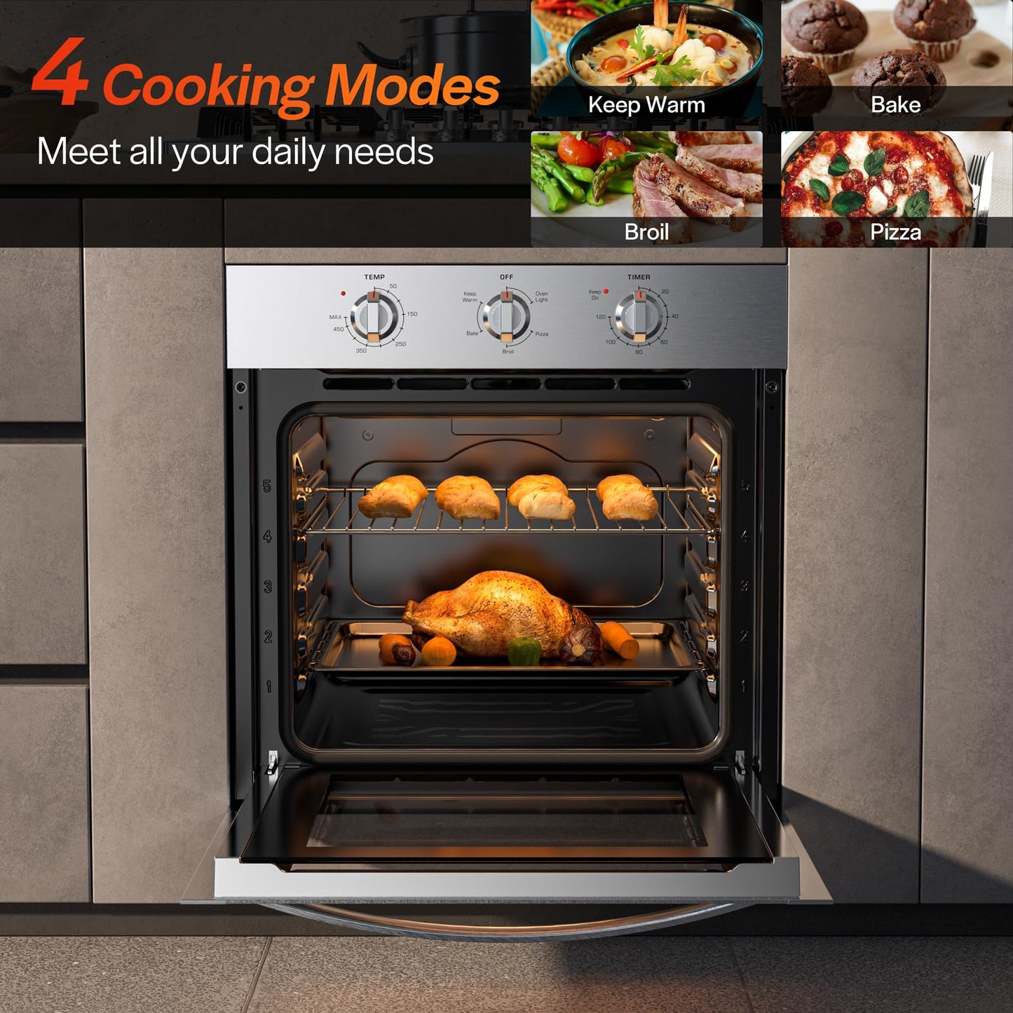 Empava 24 inch Electric Single Wall Oven, 2.5 Cu.ft.. Stainless Steel Built in Wall Oven with Basic Broil Bake Functions, Mechanical Knobs Control, 24WOE40L