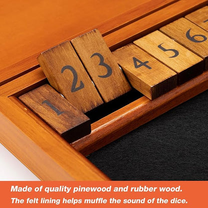 Shut The Box Dice Game with 12 Numbers and Lid Wooden Classic Board Game with 4 Dice Gift Package &amp Game Rules Close The Box Game for Kids Adults Family Classroom Home &amp Pub