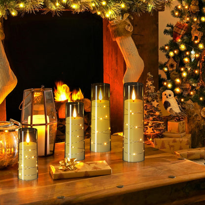 Wondise Flameless Flickering Candles with Embedded Star String Remote and Timer Battery Operated Flickering LED Candles Durable Acrylic Shell Pillar Candles for Christamas Home Decoration (Grey