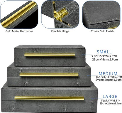 DECOR4SEASON Faux Shagreen Storage Boxes - Set of 3 Stackable Jewelry Organizers with Gold Handles & Velvet Lining, Modern Grey Design for Vanity & Entryway Decor