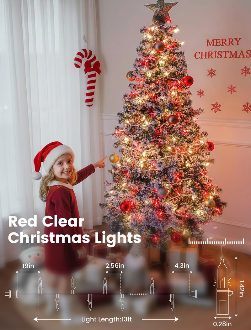 Red Clear Christmas Lights,13FT 50 Count Incandescent Mini Light,White Wire Christmas String Lights Plug in Waterproof for Tree Xmas Wedding Indoor Outdoor Valentine's Day Decor (Red Clear, 50 Count)