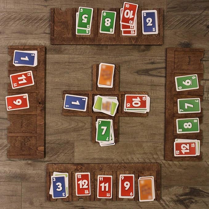 Custom Compatible with SKIPBO Card Game Player Organizers - Compatible with SKIPBO Game Board - Handmade Compatible with SKIPBO Gameboard | Complete set - 4 Player Trays + 1 Center Console | Red Oak