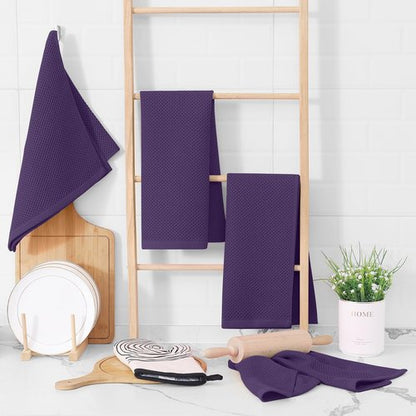 Homaxy 100% Cotton Waffle Weave Kitchen Dish Towels, Ultra Soft Absorbent Quick Drying Cleaning Towel, 13 x 28 Inches, 4-Pack, Eggplant