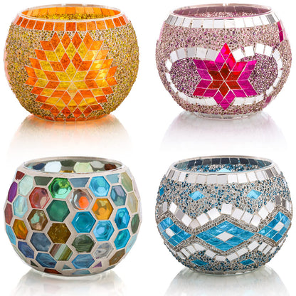 Okllen 4 Pack Glass Votive Candle Holders, Mosaic Tealight Bowls Round Decorative Candle Holder, Handmade Romantic LED Candle Lamps Holder for Home, Table, Party, Wedding Decor, 4 Styles