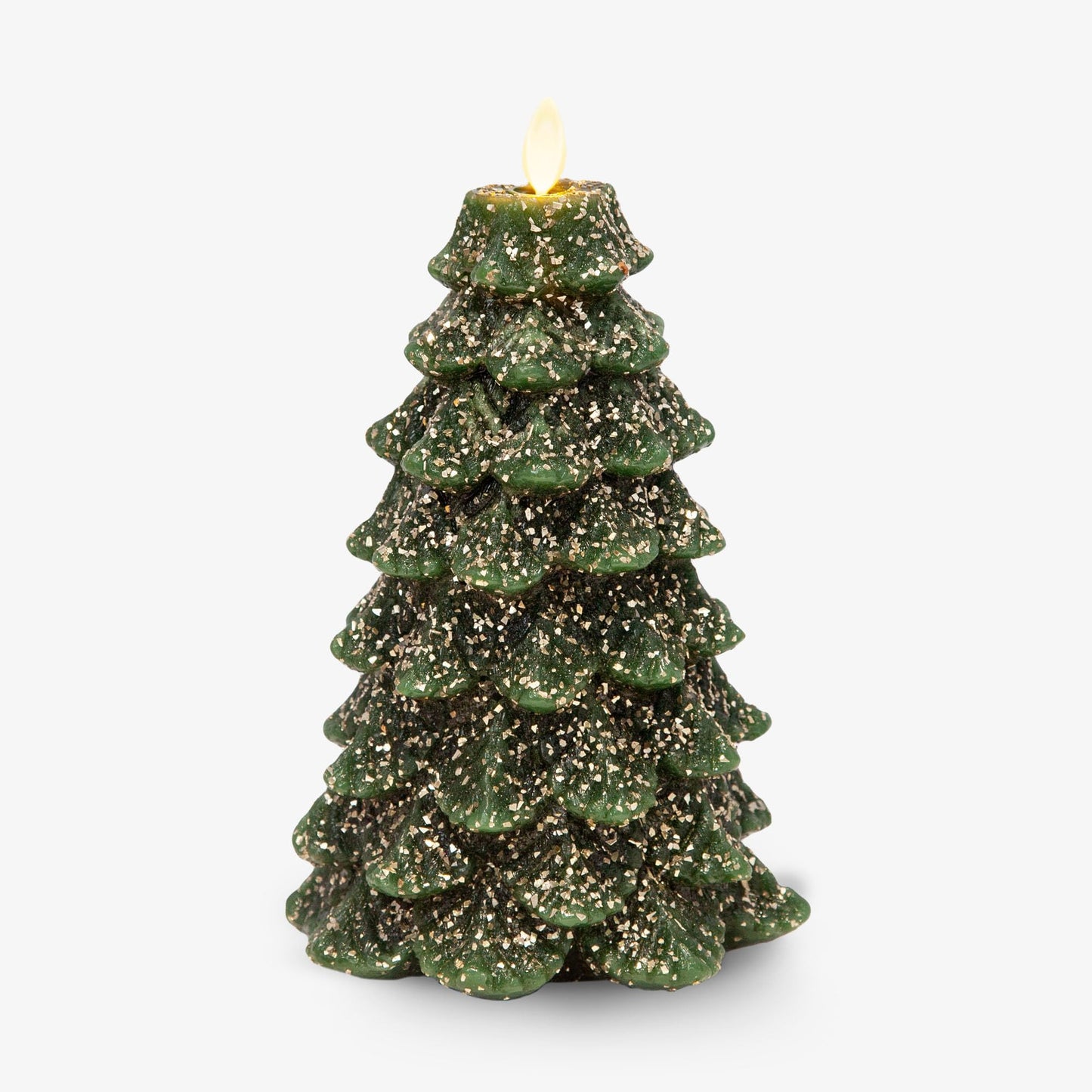 Luminara Christmas Tree Flameless LED Candle, Dark Green 5.35" x 8.5", Moving Flame Battery Operated Timer, Holiday Decor, Glitter Snow Finish Safe