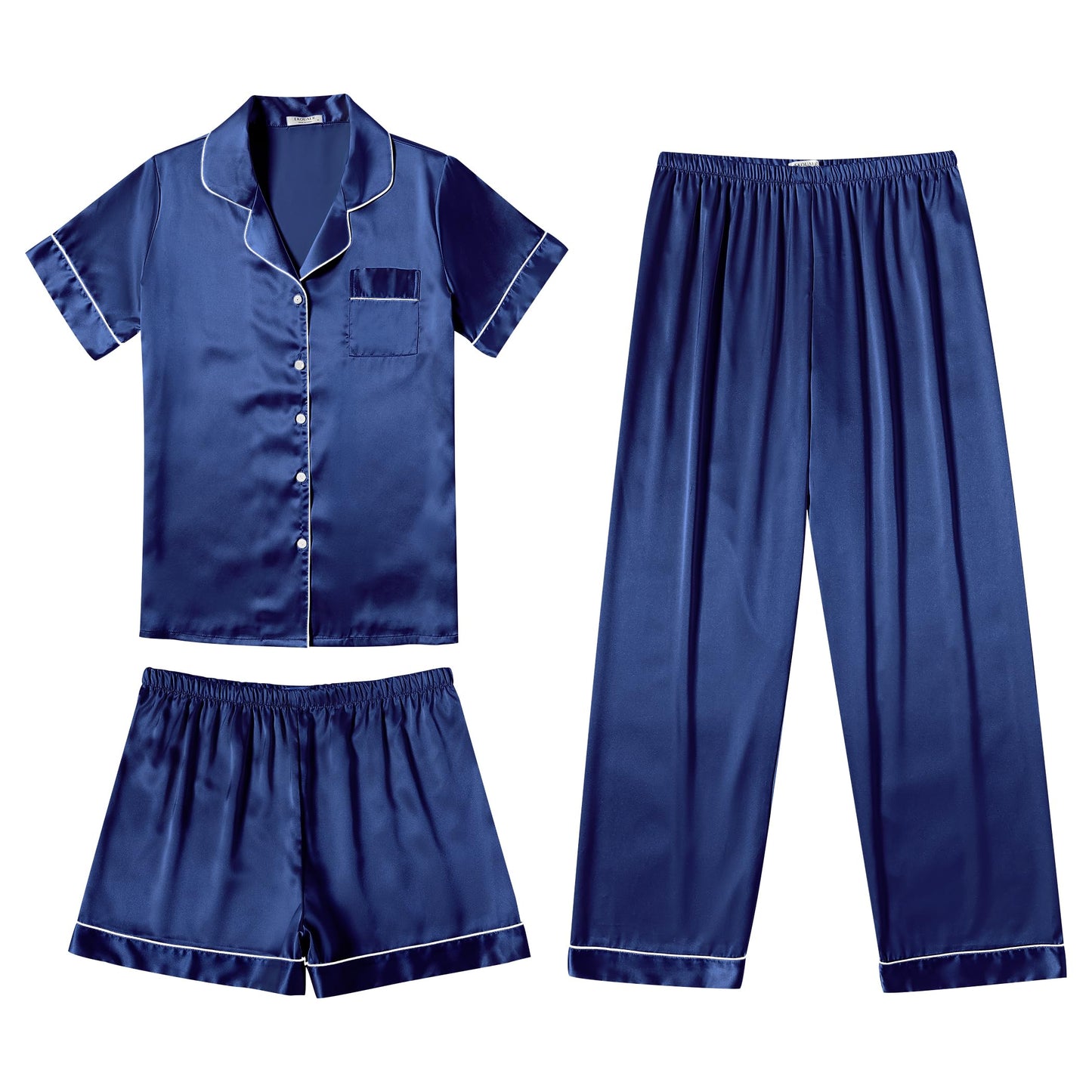Ekouaer Silk Pajamas for Women Set Satin Pjs Soft Short Sleeve Button Down Sleepwear 3 Piece Loungewear S-XXL