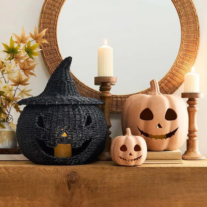 Hand Knit Pumpkin Halloween Fall Decor, Halloween Pumpkin Lantern Tea Light Candle Holder, Table Centerpieces Halloweens Decor,Desk Storage Ornaments for Home Holiday for Hallway Bedroom Home