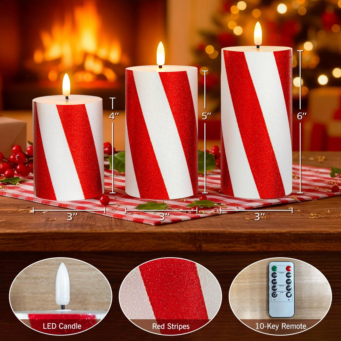 Lumeavetra Red Striped Glitter Flameless Candles, Battery Operated LED Pillar Lights with Remote Timer, Real Wax Decorative Candles for Holiday Home Party Decor, Set of 3 (D3 x H4 5" 6")