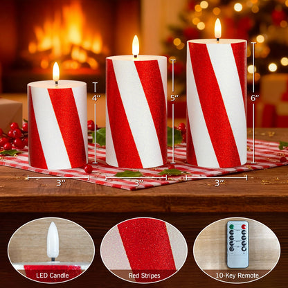 Lumeavetra Red Striped Glitter Flameless Candles, Battery Operated LED Pillar Lights with Remote Timer, Real Wax Decorative Candles for Holiday Home Party Decor, Set of 3 (D3 x H4 5" 6")