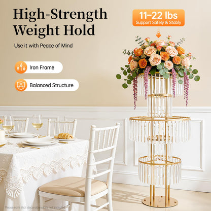 2 PCS Crystal Vases for Centerpieces, 43.3 in Tall Metal Pedestal Stands with Hanging Crystals for Table Chandelier Centerpiece, 5 Tiers Flower Stand for Wedding Reception Party (Gold, Round Base)