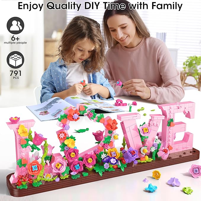 Love and Flowers Building Set for Adults 791 PCS Letter Brick Art Pink Flower Blocks for Home Décor Gift for Kids Birthday Valentine’s Day Mother's Day Confessing Love for Her or Him