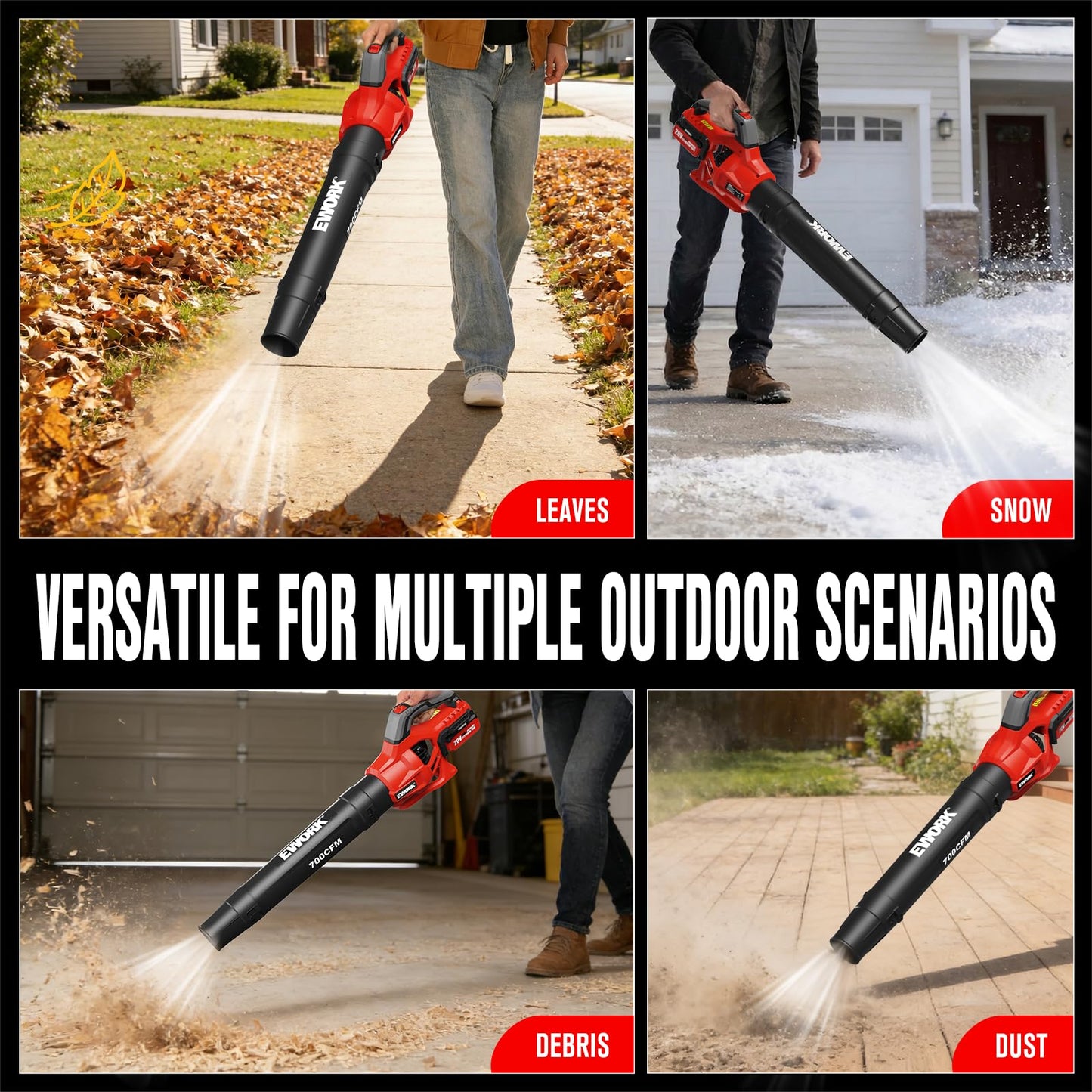 EWORK 20V Cordless Leaf Blower, Heavy Duty 700CFM 200MPH Electric Leaf Blower with 2 x 4.0Ah Batteries & Fast Charger, 2-Speed Adjustable for Patio, Garden, Yard and Snow Blowing