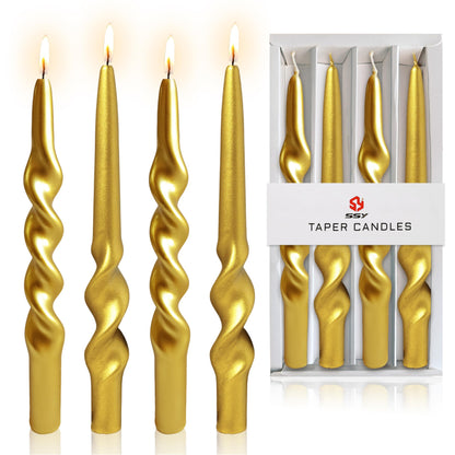 Christmas Spiral Candles Metallic Goldd Taper Candles -10 in Unscented Candlestick for Winter Gift Holiday Christmas Home Decoration Candles, 4 Pack