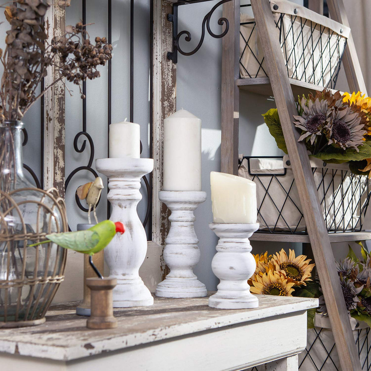 NIKKY HOME Rustic Pillar Candle Holder Set of 3 - Farmhouse Wood Candlestick Stand for Mantle, Fireplace, Dining Table Centerpieces, Distressed White