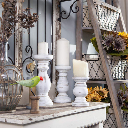 NIKKY HOME Rustic Pillar Candle Holder Set of 3 - Farmhouse Wood Candlestick Stand for Mantle, Fireplace, Dining Table Centerpieces, Distressed White
