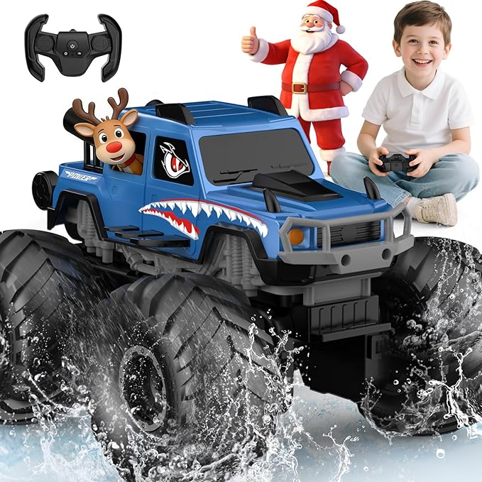 NQD® Monster Truck Toys Waterproof 360°Rotate 4x4 RC Truck Amphibious Remote Control Monster Trucks 2.4GHz All Terrain Off-Road Pickup Toy RC Car for Gifts for Boys Kids Age 6 7 8 9 10 11 12+ Blue