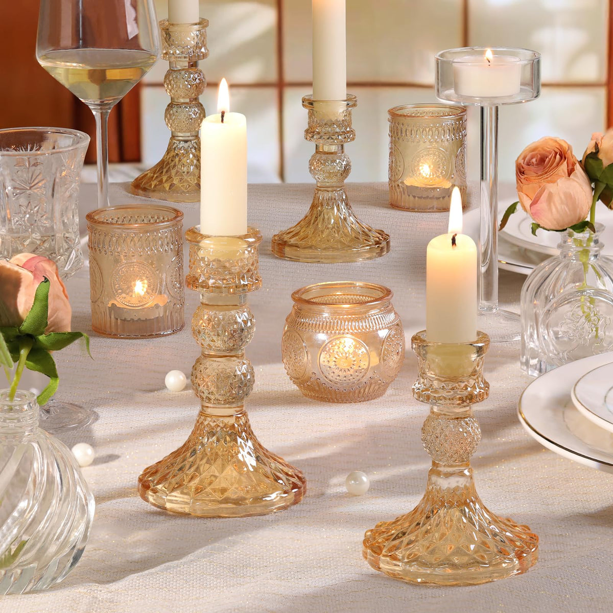 DARJEN Gold Glass Candlestick Holders Set of 6, 4" H & 5" H Taper Candle Holders for Candlesticks & Pillar Candles, Diamond Candle Holders for Wedding Party Table Centerpiece, Home Decor