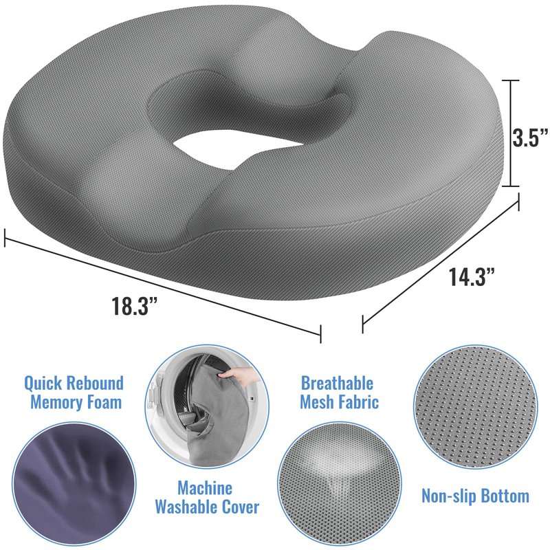 CloudBliss Donut Pillow Seat Cushion Chair Pad for Tailbone Pain Relief and Hemorrhoids, Memory Foam Seat Chair Cushion for Men and Women for Home & Office, (Light Grey-XL)