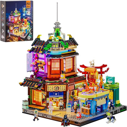FUNWHOLE Cyberpunk Japanese-Izakaya Lighting-Building-Bricks Set - Cyberpunk Neon City Future Pub Japanese Street View House Collection LED Light Model Set 1987 Pcs for Adults and Sci-fi Lovers