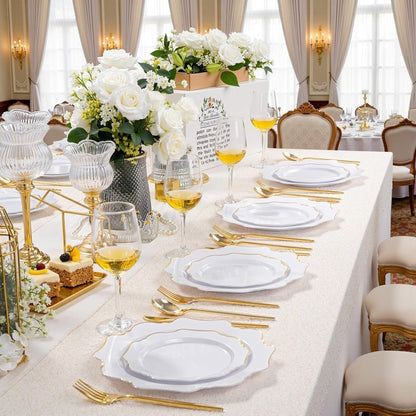 WDF 200PCS White and Gold Plastic Plates - Gold Plastic Plates - Include 100 Dinner & 100 Dessert Disposable Party Plate - Fancy Disposable Plate for Wedding/Baby Shower/Spring