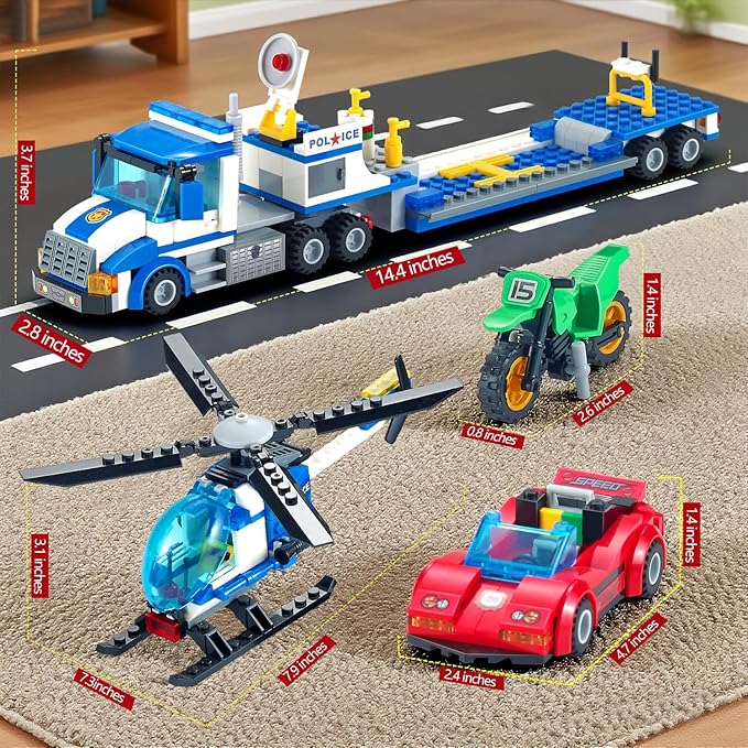 City Police Car Truck Building Sets for Boys Semi Truck and Trailer Building Blocks Vehicles Kits with Helicopter MotorcycleRace Car for Kids Ages 6 7 8 Years Old and Up