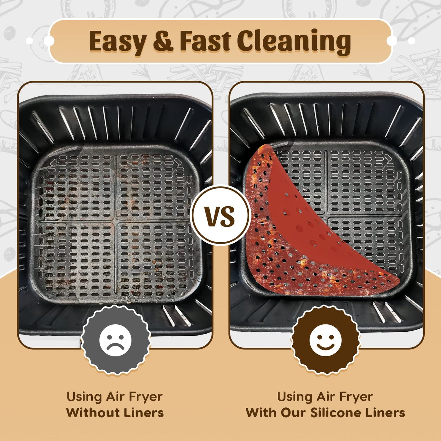 Reusable Square Silicone Air Fryer Liners (8.5 Inch, 3 Pack) by Linda’s Essentials - Non-Stick, Easy-Clean Accessories with Cheat Sheet & Recipe Book, Perfect for Quick Meals