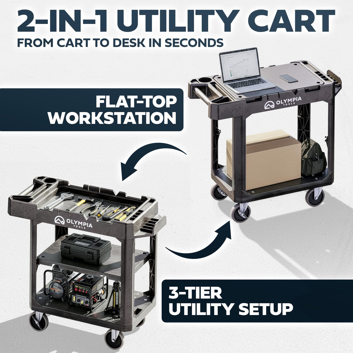 Olympia Tools Heavy Duty Utility Work Cart | 2 in 1 Convertible 3 Shelf to Flat Top Workstation | 660 lb Capacity, HDPE Frame, Ladder Hook, 4 Swivel Wheels | Tool Carts for Garage & Maintenance