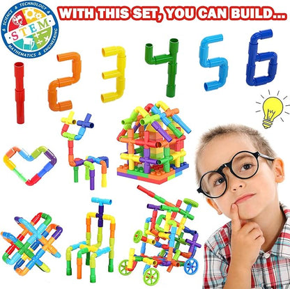 STEM Building Toys for Kids - 250 Pcs Tubular Pipe &amp Spout Interlocking Construction Set | Toddler Learning Toys Age 3-5 6-8 | DIY Tube Locks Blocks with Storage Box &amp Idea Book | Gift for Boy