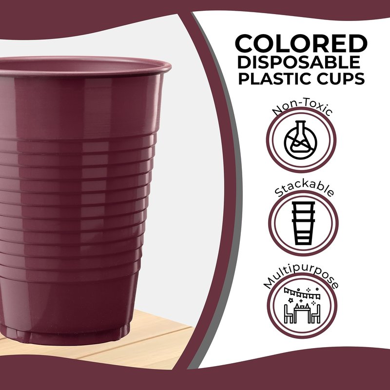 Party Solids Burgundy Plastic Cups - 12 oz, Pack Of 100